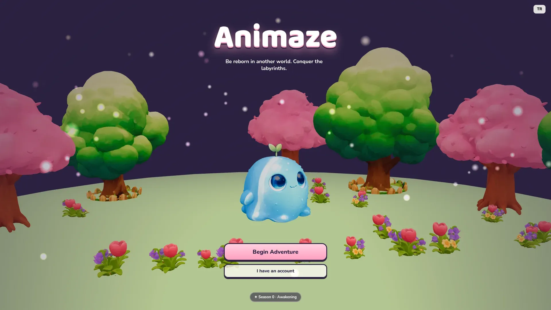 Animaze başlık ekranı. Mor gece göğü altında pembe ve yeşil ağaçlar, çiçeklerin arasında mavi bir slime; üstte "Animaze" yazısı, altta "Begin Adventure" düğmesi.