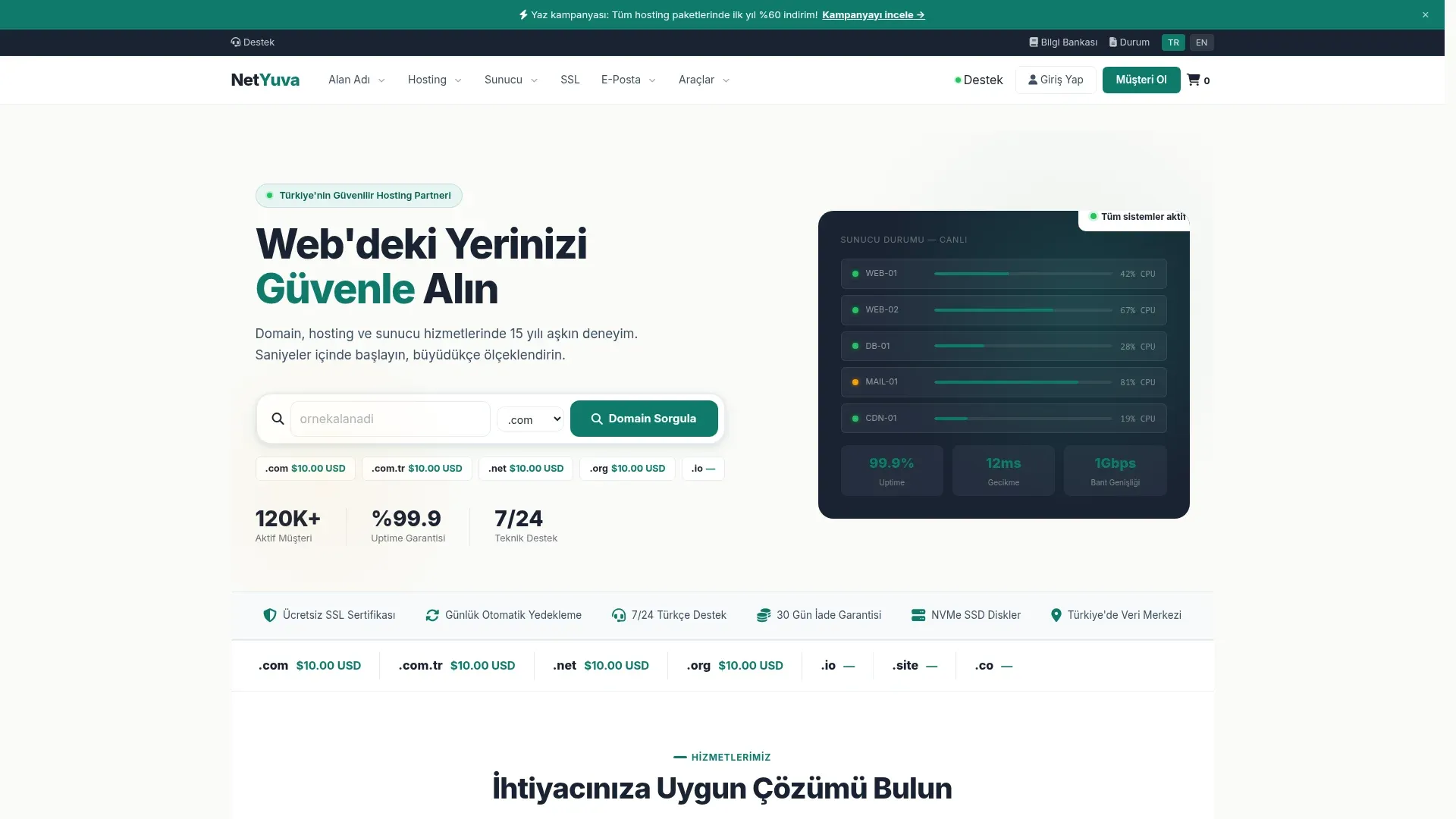 NetYuva WHMCS temasının ana sayfası. Beyaz zeminde "Web'deki Yerinizi Güvenle Alın" başlığı, alan adı arama kutusu ve sağda sunucu durum paneli.
