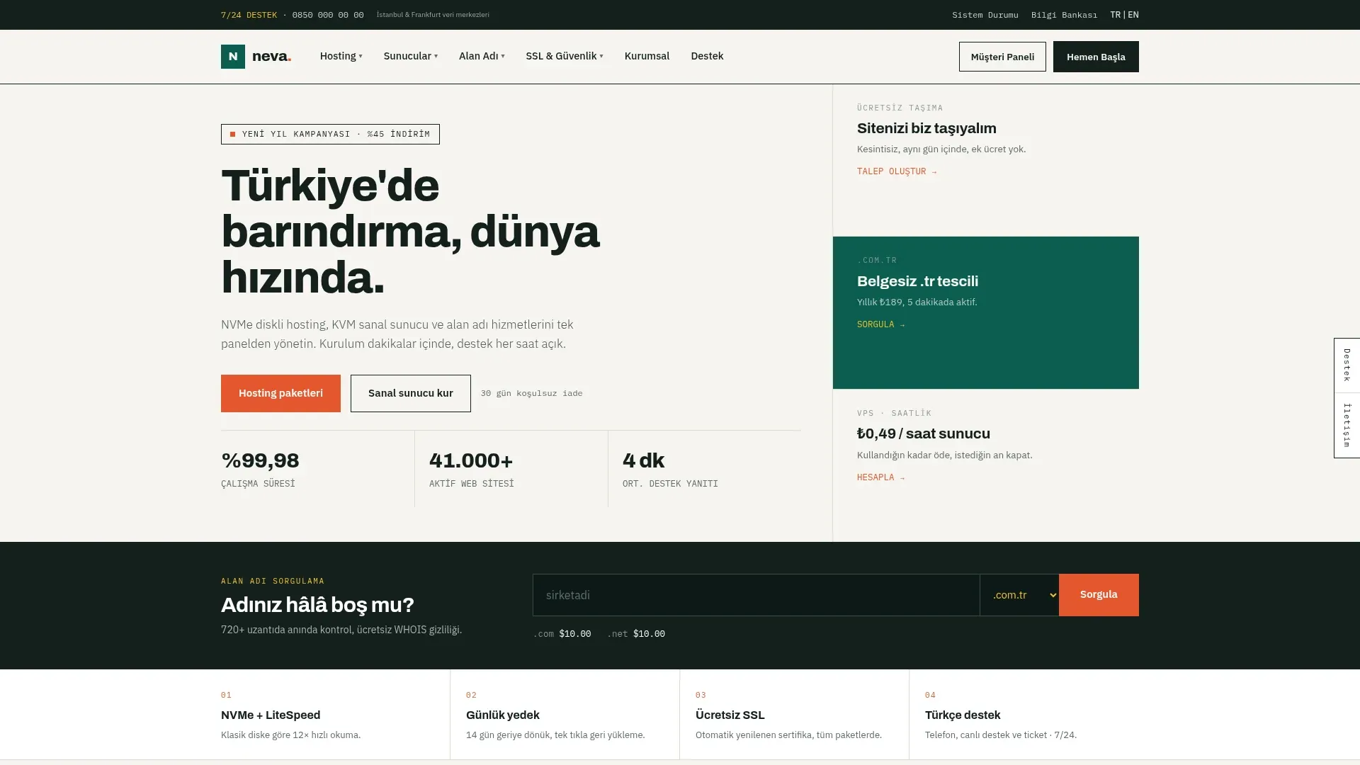 Neva WHMCS temasının ana sayfası. Açık zeminde "Türkiye'de barındırma, dünya hızında" başlığı, çalışma süresi ve destek rakamları, sağda kampanya kartları.