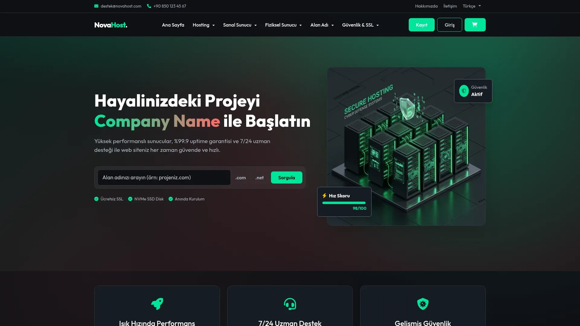 Nova WHMCS temasının ana sayfası. Koyu yeşil zeminde "Hayalinizdeki Projeyi Başlatın" başlığı, alan adı arama kutusu ve sunucu illüstrasyonu.