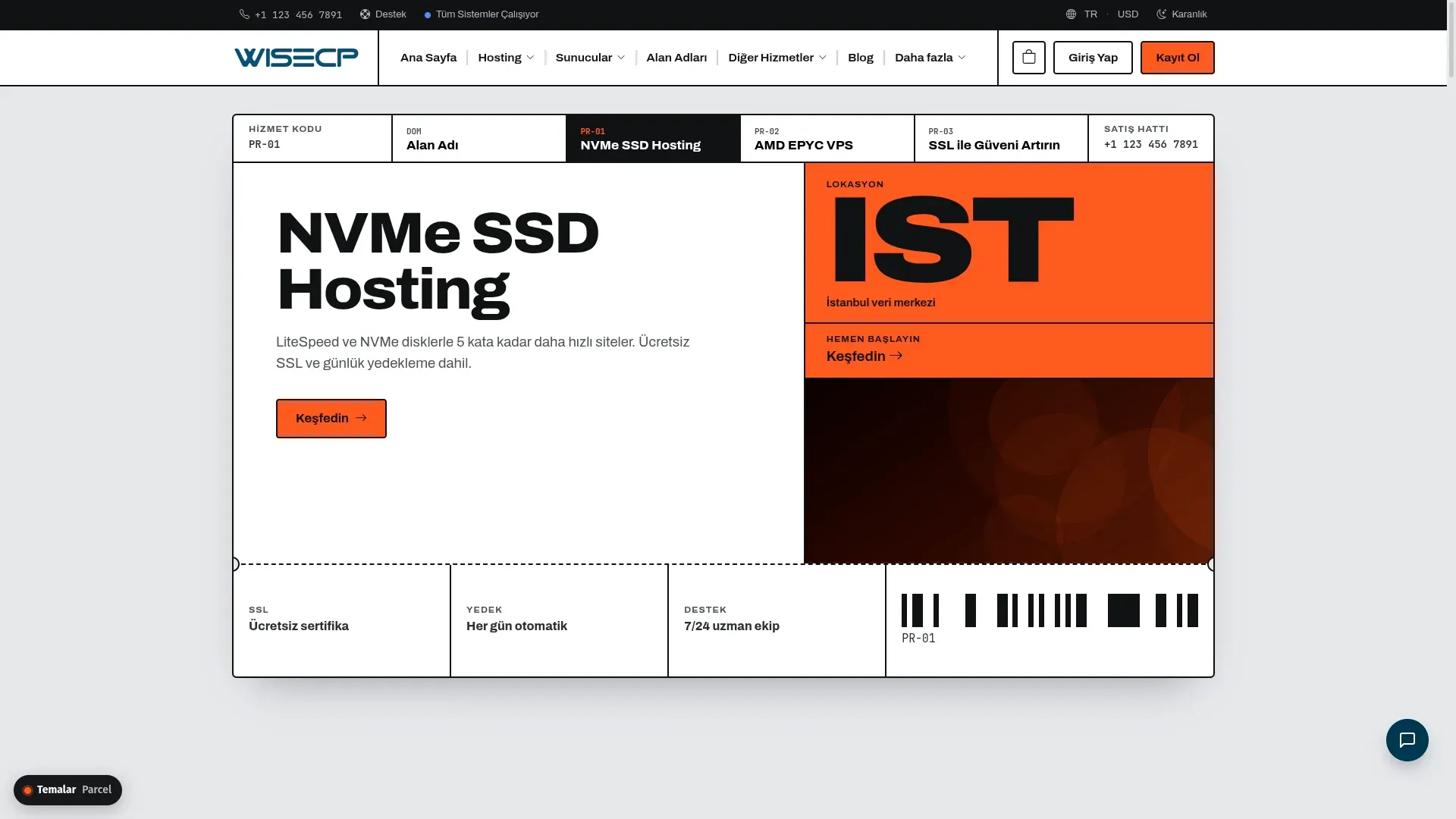 Parcel WiseCP temasının ana sayfası. Kargo etiketi gibi çizilmiş bir kartta "NVMe SSD Hosting" başlığı, turuncu "IST" lokasyon alanı ve barkodlu alt şerit.